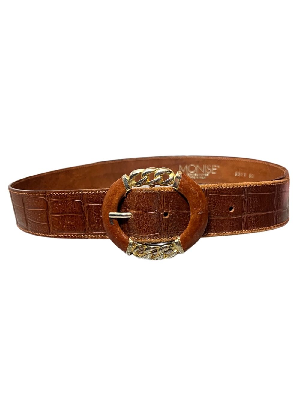 Vintage MONISE Italian Leather Belt Croc Embossed Gold Chain Buckle Sz 80 / 32